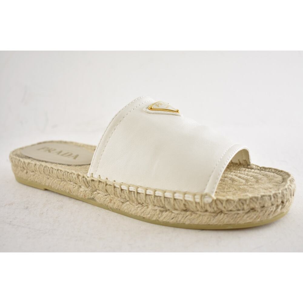 Prada Gold Triangle Logo Avorio White Leather Espadrille Slide Sandal Flat 37 - Picture 4 of 16